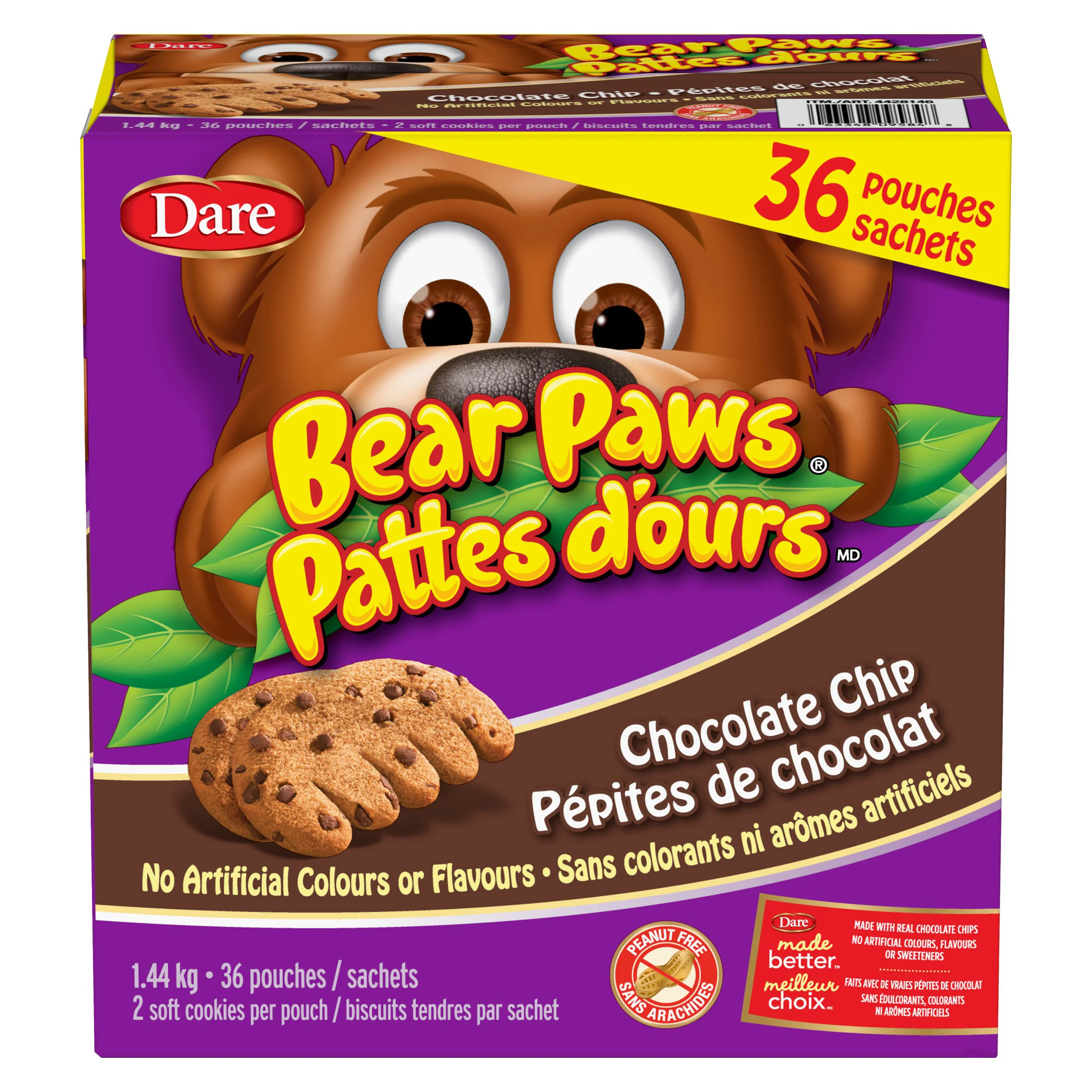Dare Bear Paws Chocolate Chip Cookies, 36 × 40 g - 4428146