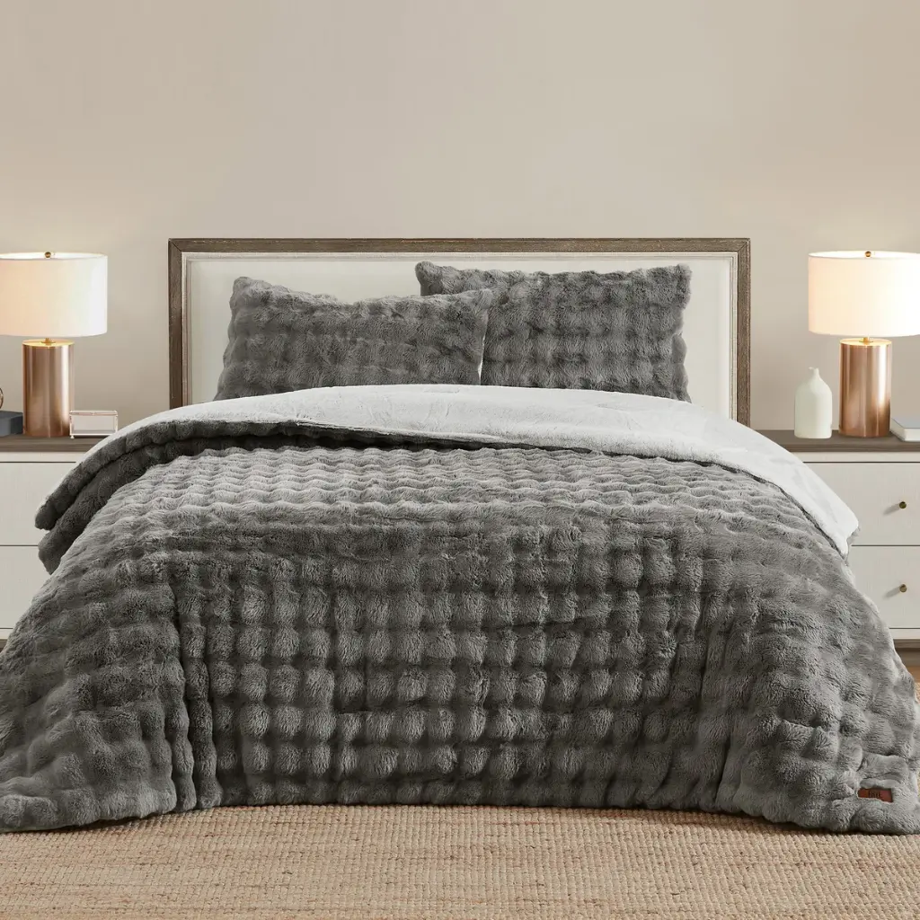 FRYE 3-piece Faux Fur Comforter Set - Grey - Queen -9628500
