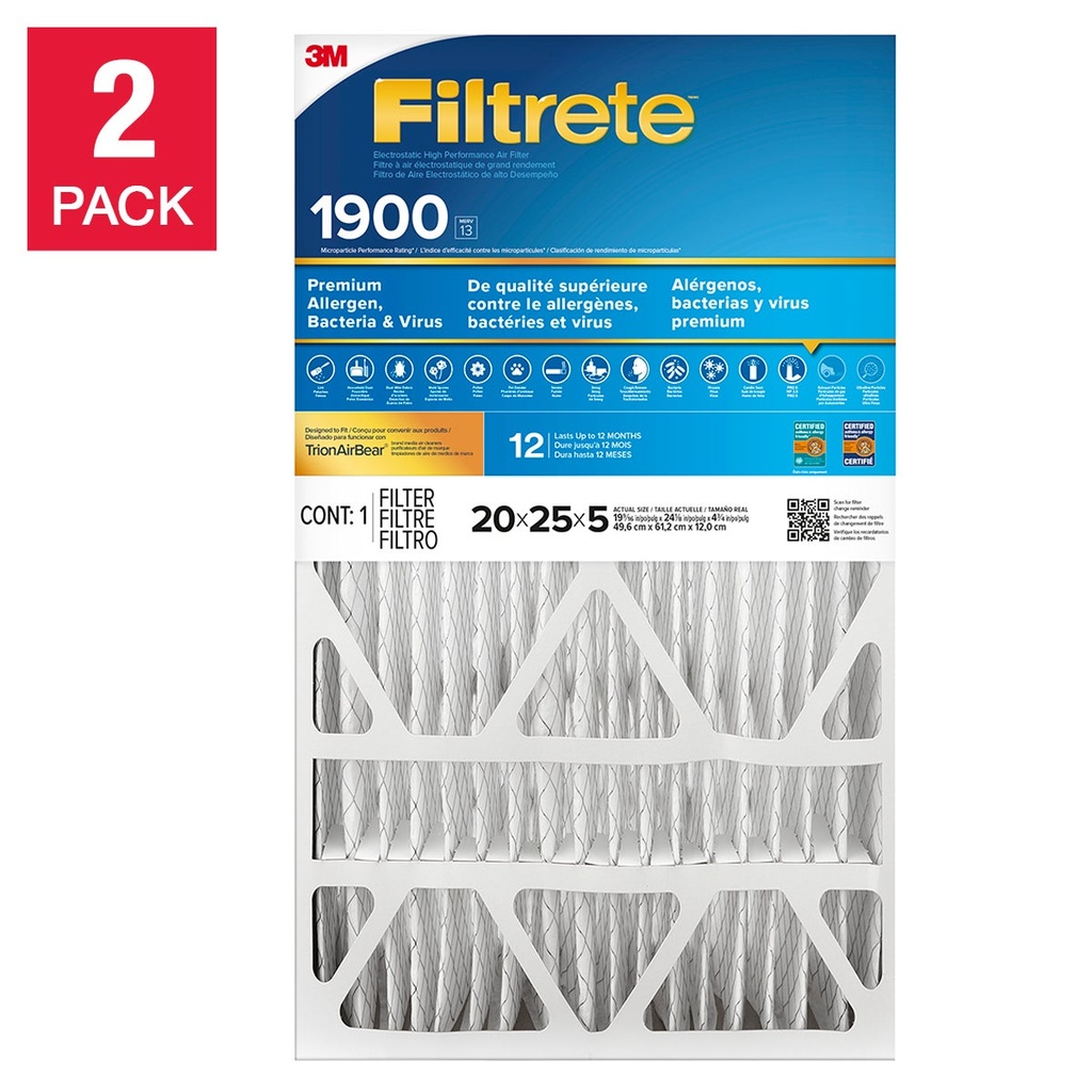 3M Filtrete MPR 1900, 5 in. Premium Deep Pleat Furnace Filters, 2-pack - 1138495