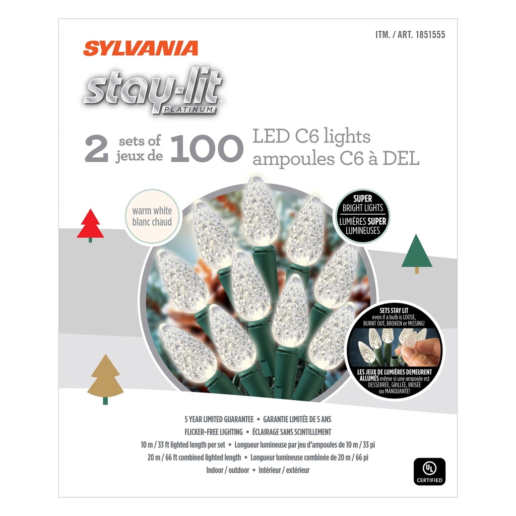 Sylvania 2 x 100 C6 Warm White LED Christmas Lights - 1851555