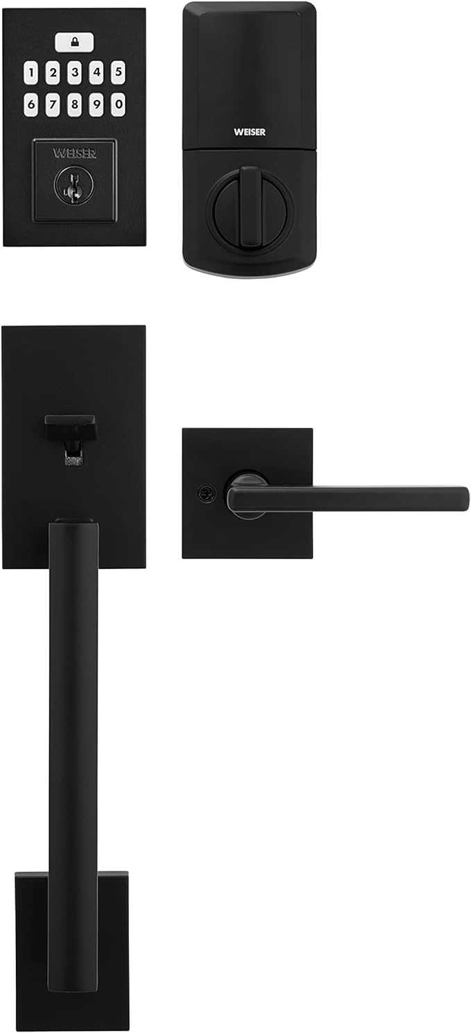 Weiser Matte Black Front Door Lock and Handle Set, SmartCode Keypad Door Lock With San Clemente Handleset & Halifax Interior Door Handle 1704140