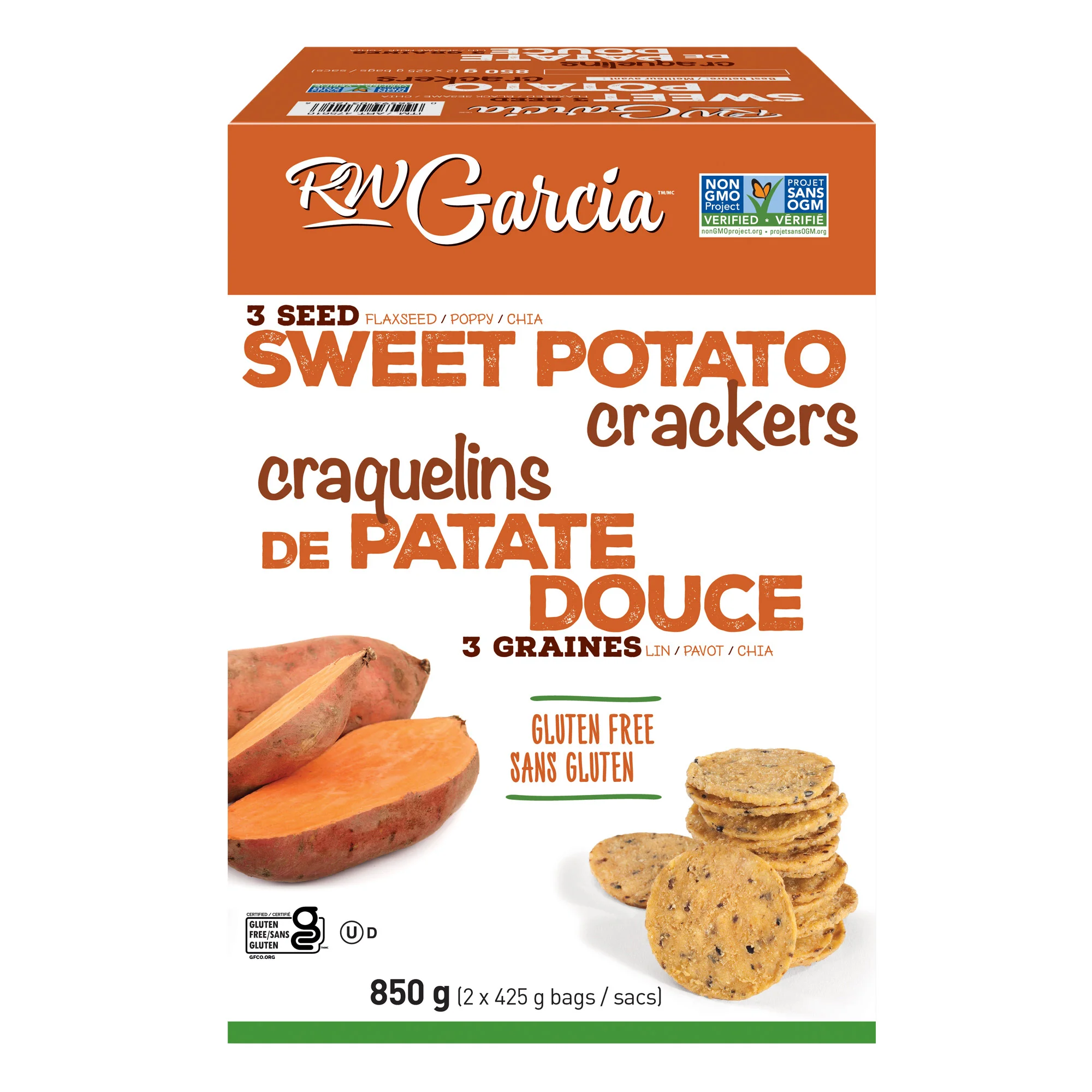 RW Garcia 3 Seed Sweet Potato Crackers, 2 × 425 g - 475610