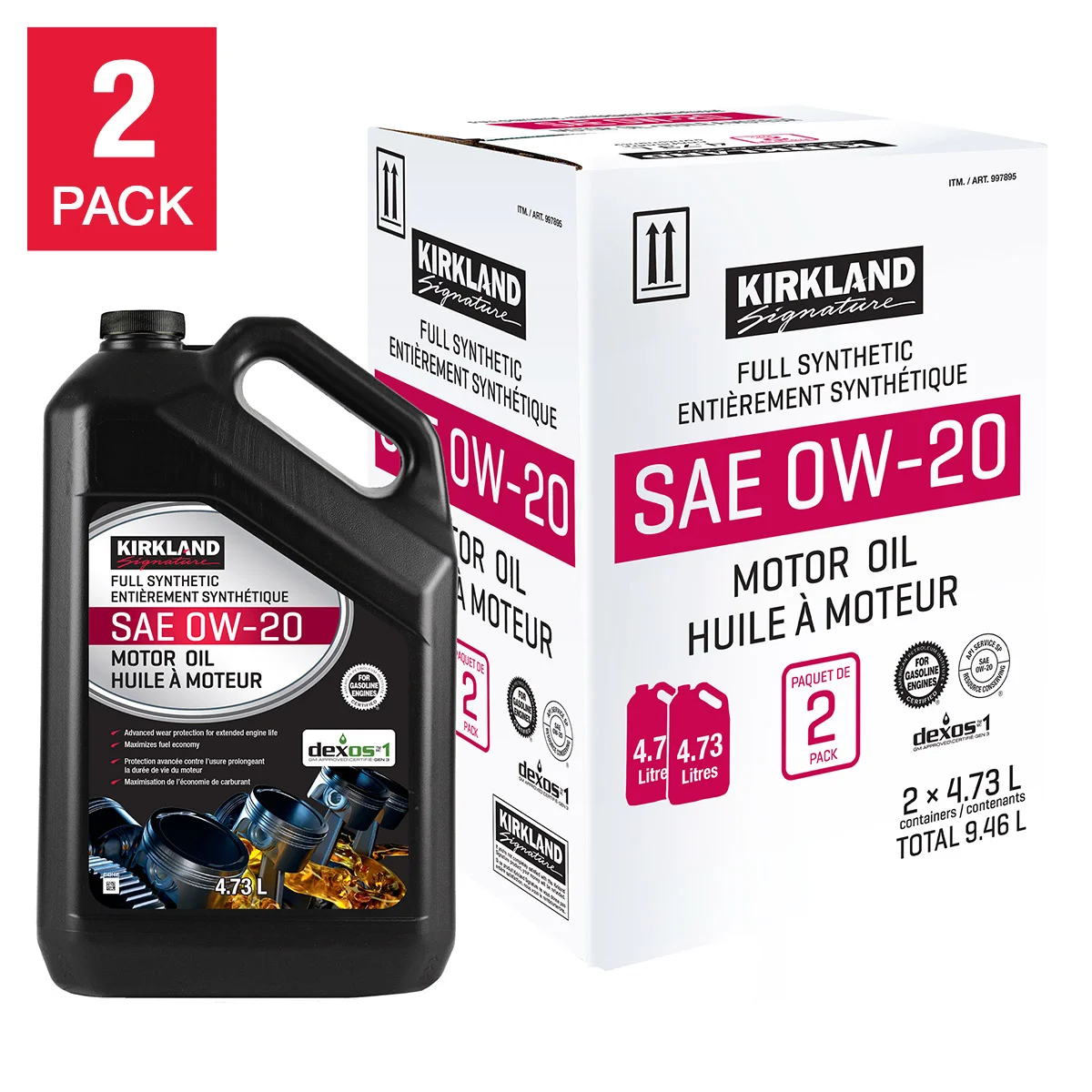 [997895] Kirkland Signature 0W20 Full Synthetic Motor Oil, 2-pack - 997895