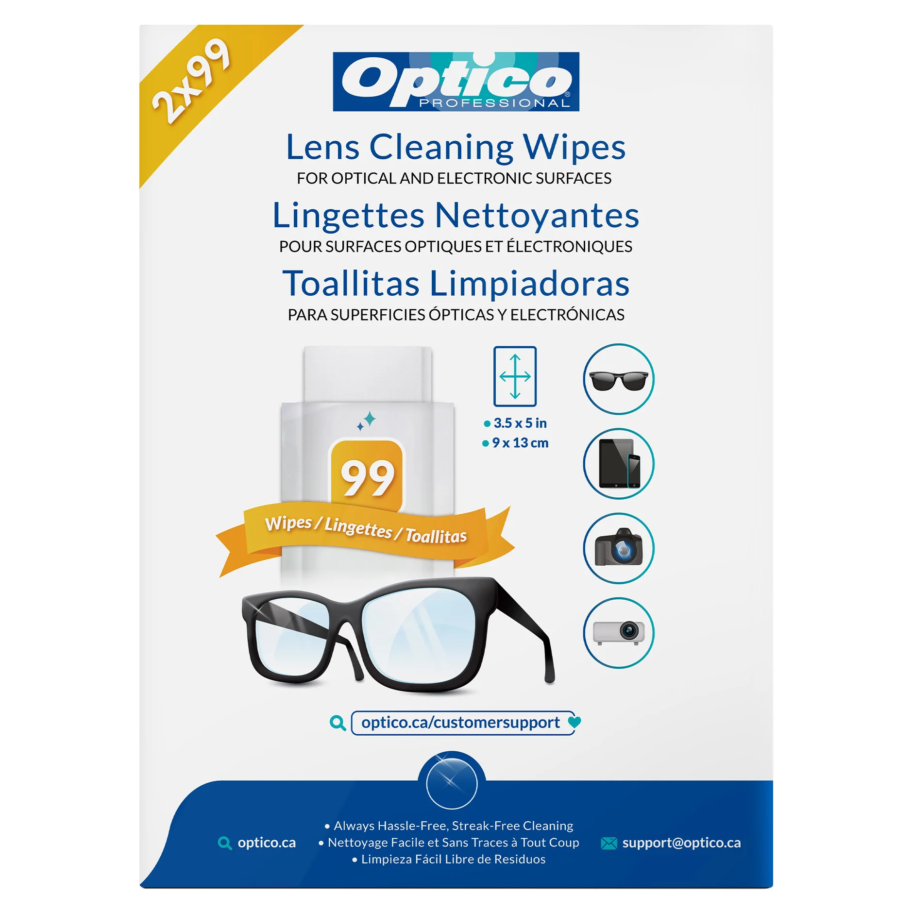 [3631142] Optico Professional Cleaning Wipes for Optical and Electronic Surfaces 2 × 99 Wipes - 3631142