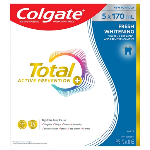 [1853310] Colgate Active Prevention Plus Fresh Whitening Toothpaste, 5 X 170 mL - 1853310